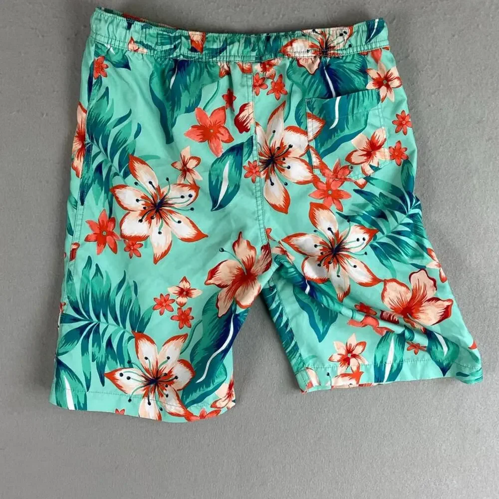 Lands' End Big Boys 18-20 Hawaiian Board Shorts Drawstring Green Floral